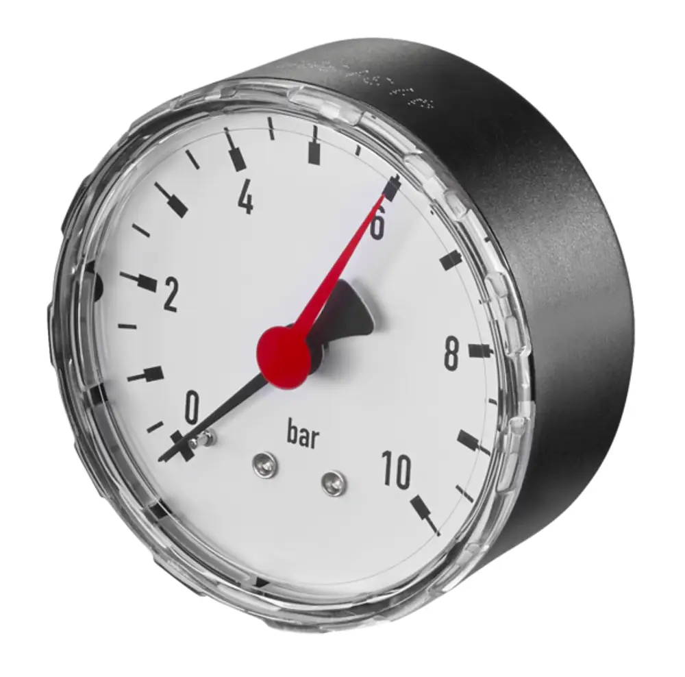 Manometer von Oventrop mit Anzeige im Bereich von 0 bis 10 bar. Der Ziffernblatt zeigt eine weiße Skala und einen roten Zeiger auf schwarzem Gehäuse.